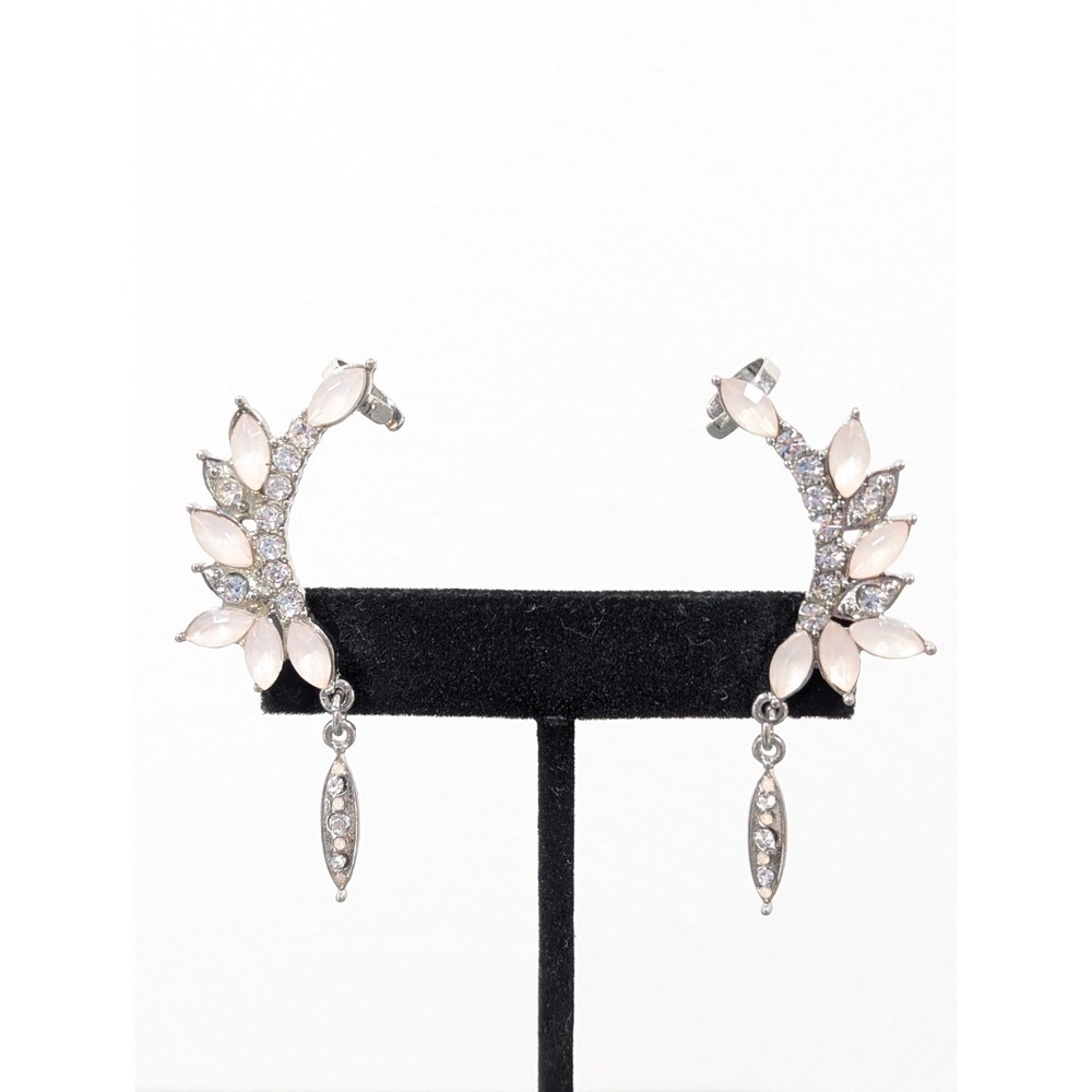 Pink Rhinestone Ear Crawler Dangle Pierced Earrings Silver Tone